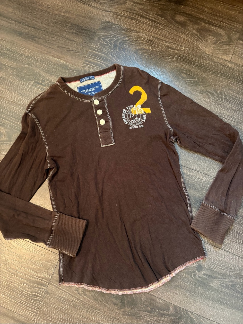 Vintage Y2K American Eagle Mens Small Long Sleeve Henley Shirt Brown AE Logo